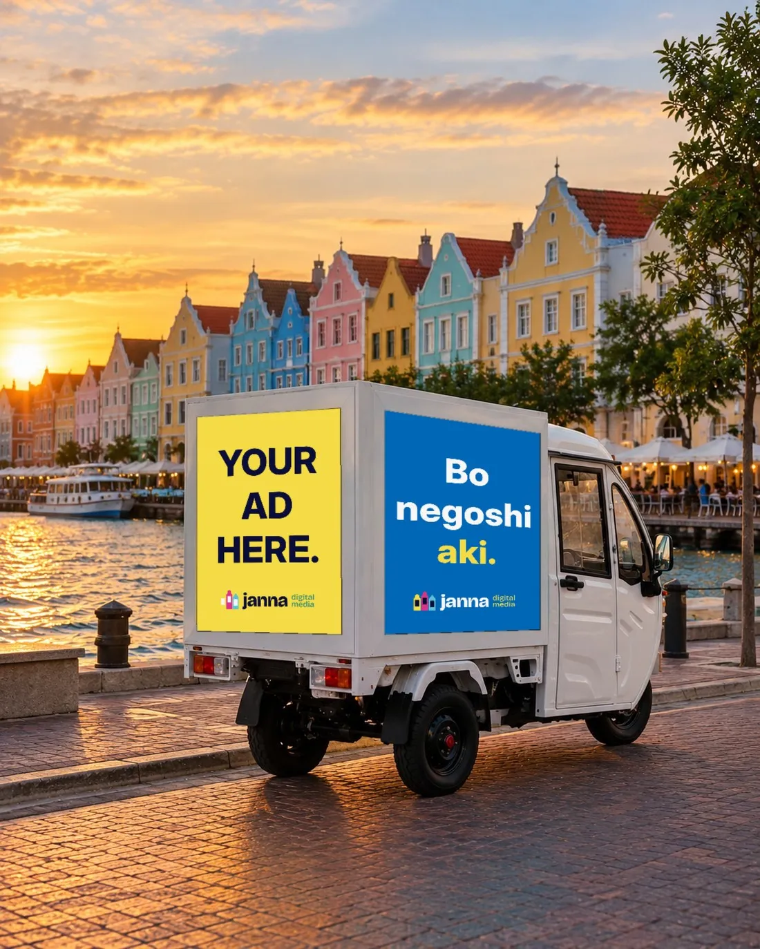 The Janna tuk-tuk on the Punda waterfront at sunset